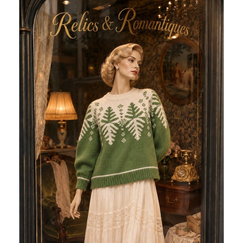 Vintage 1980s Free People Shetland Wool Sweater M Green Fair Isle Botanical Knit